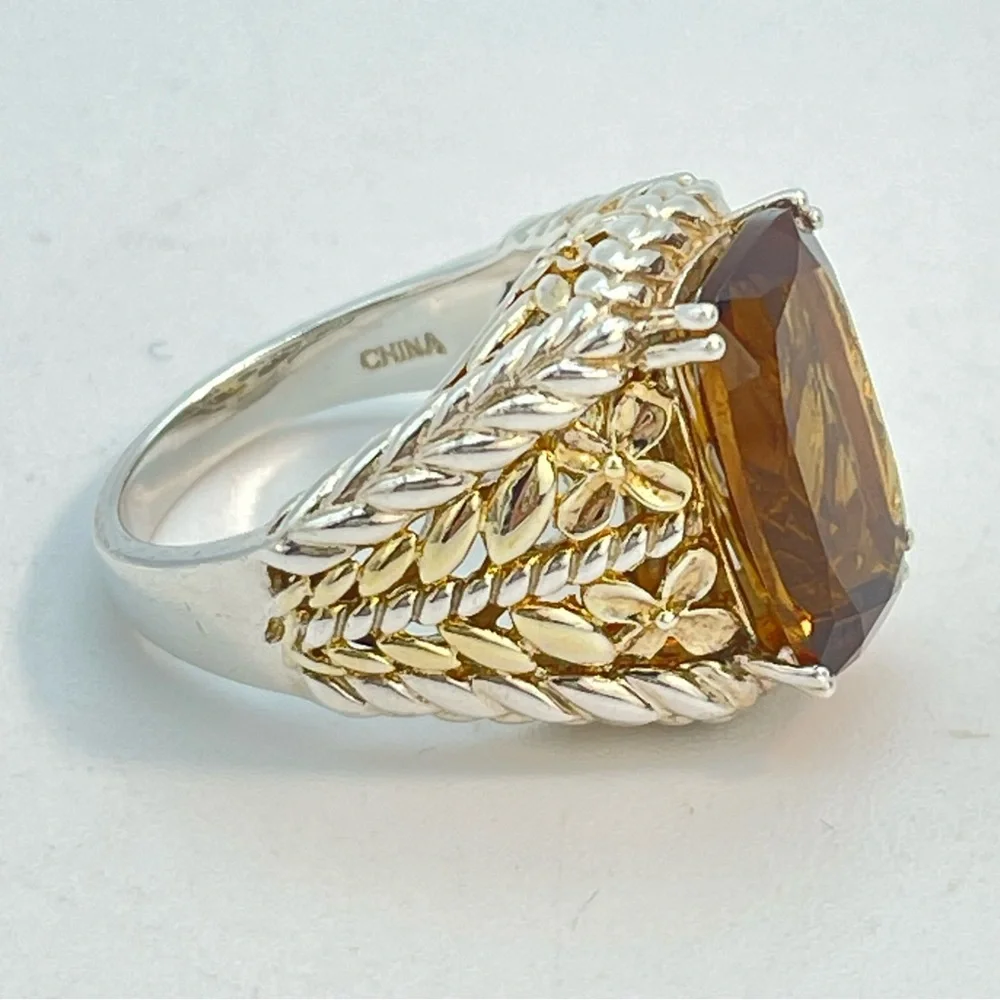 Silver Citrine & Gold Tone Ring | Large Faceted Gem Stone | 925 Sterling